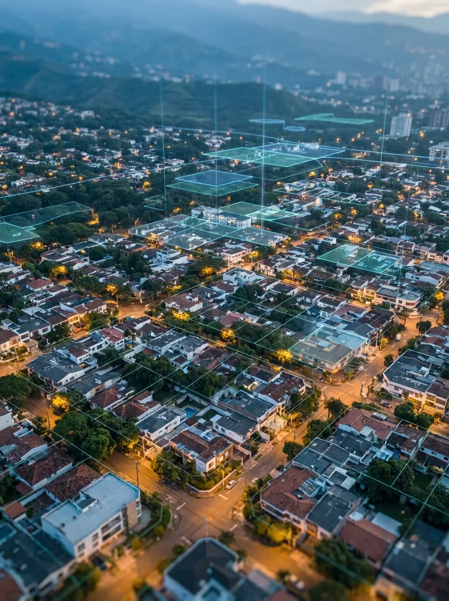 Malla de predios catastrales sobre la ciudad de Cali al atardecer
